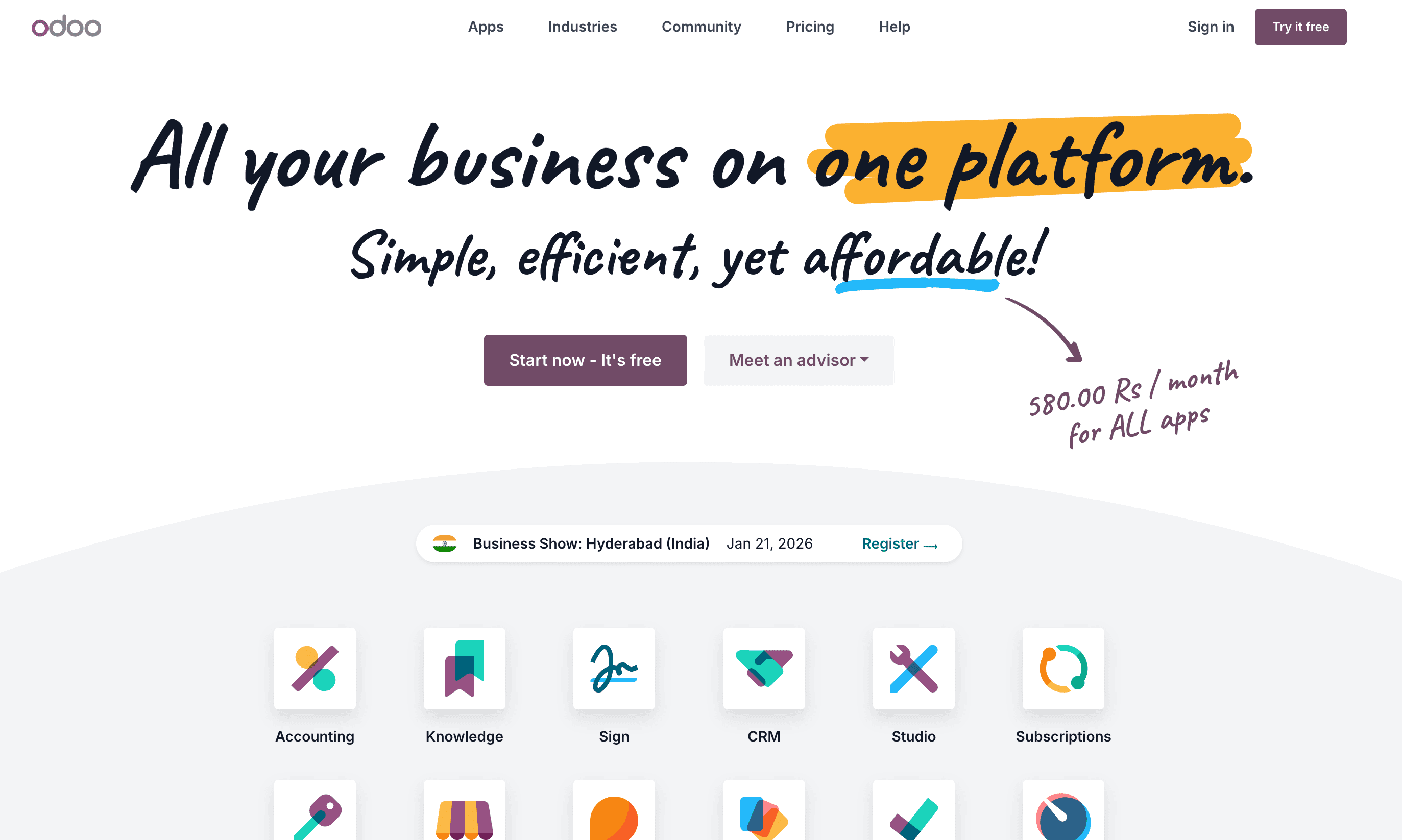 Odoo homepage listing its business apps