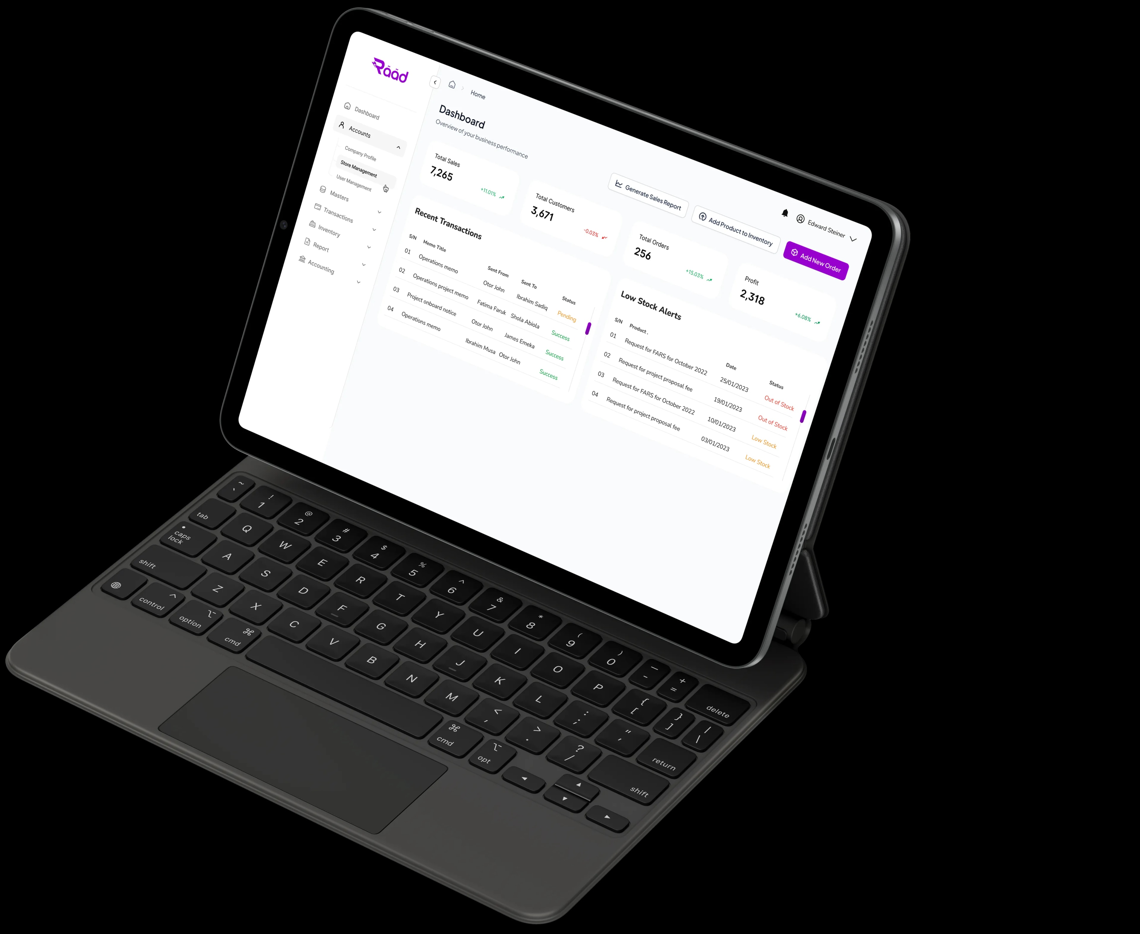 Raad ERP dashboard on a tablet